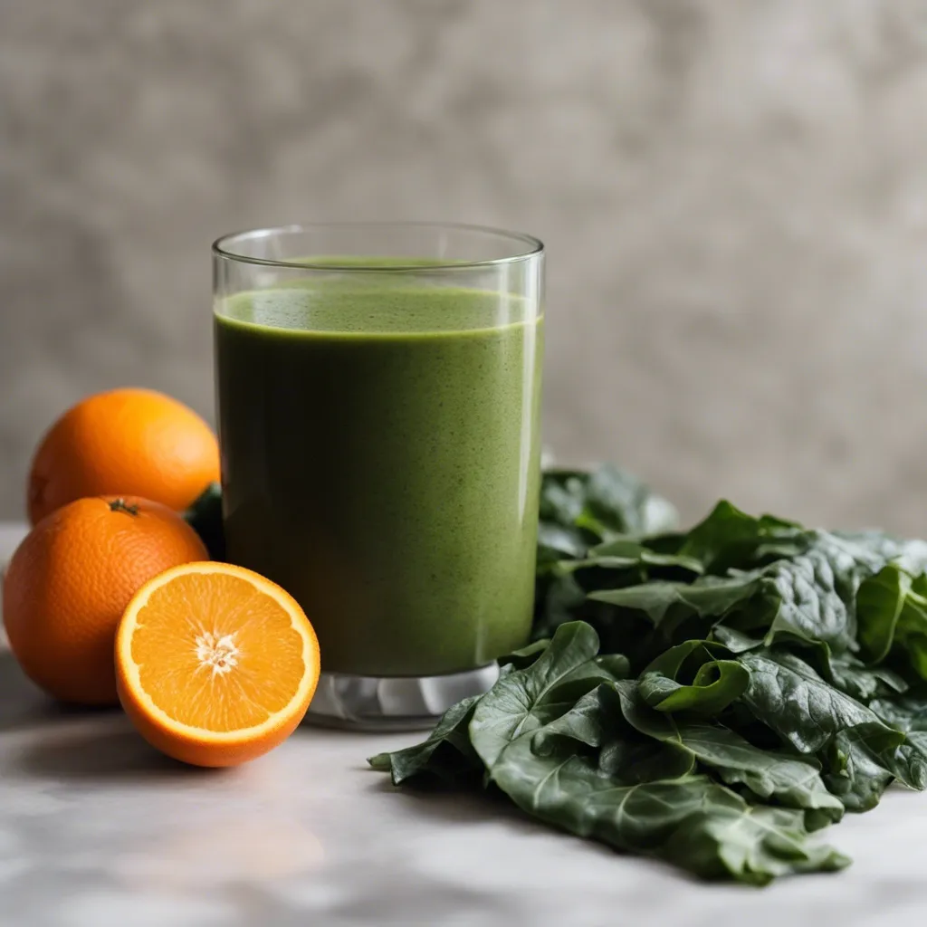 A small glass of iron rich smoothie with oranges and kale on the side