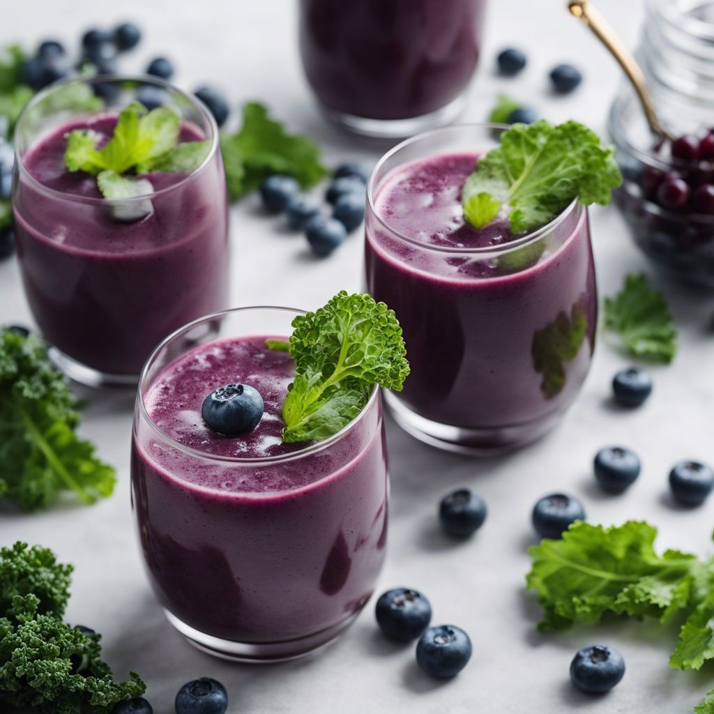 A nutritious kale and blueberry smoothie in a clear glass, crowned with a sprig of kale and a few blueberries, with more blueberries and kale leaves scattered around it.