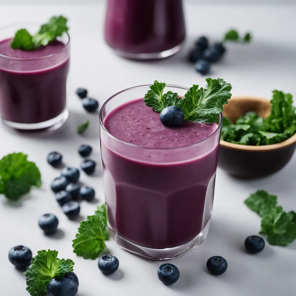 A freshly blended kale and blueberry smoothie in a clear glass, garnished with a blueberry and kale, presented on a white surface with blueberries and kale leaves around.