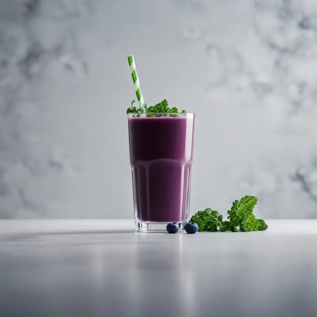 A healthy kale and blueberry smoothie in a tall glass with a green and white striped straw, accompanied by fresh kale leaves and blueberries on a marble countertop.