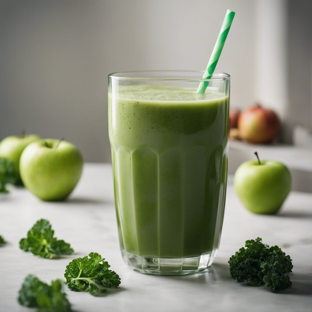 A glass of delicious Kale Apple Smoothie with a green straw in the glass and whole apples and kales leaves scattered around the smoothie.