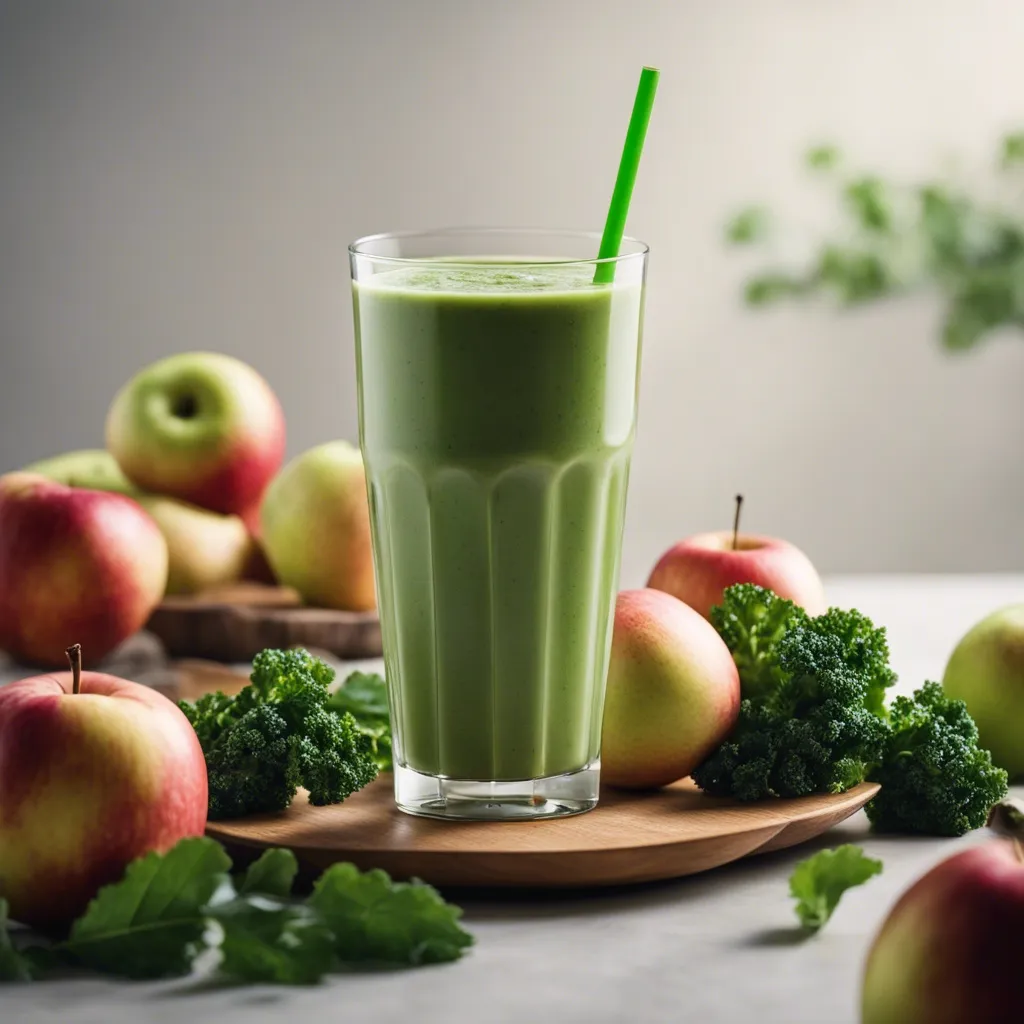 A tall glass of delicious Kale Apple Smoothie with a green straw and granny smith apples surrounding the smoothie as well as bits of kale.