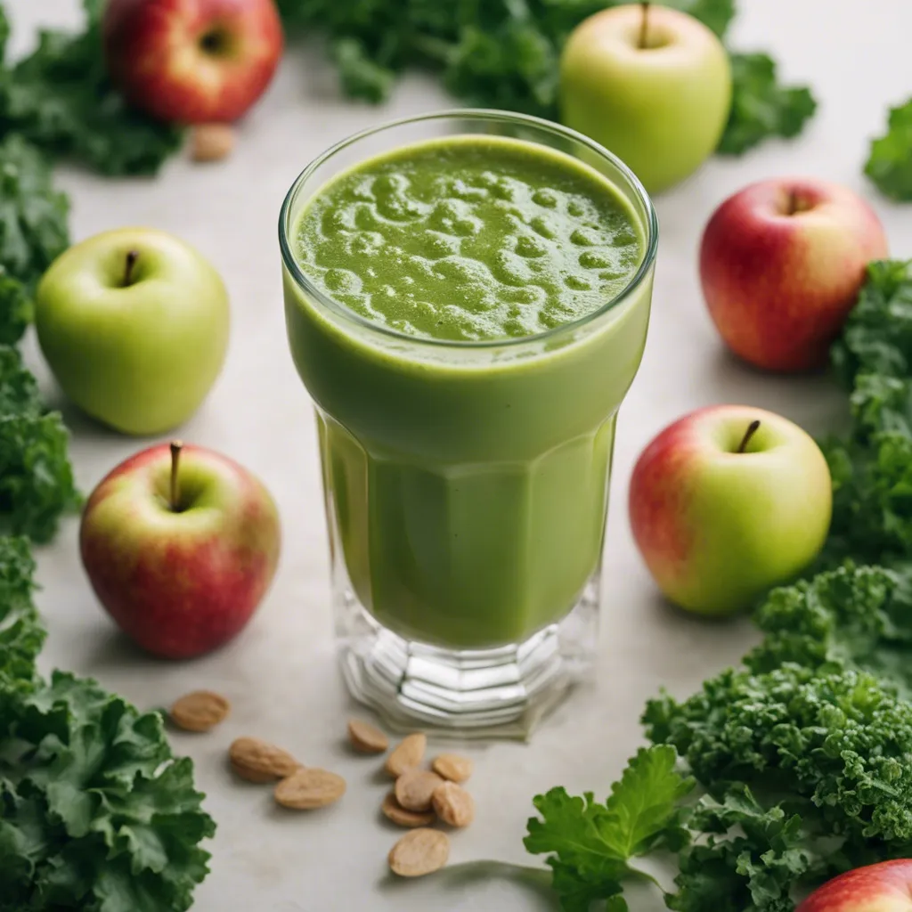 An overhead photo of a glass of Kale Apple Smoothie with whole apples and kales leaves placed around the smoothie.