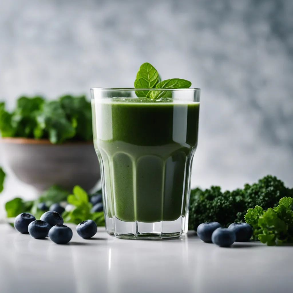 A vibrant kale blueberry kefir smoothie in a tall glass, garnished with kale leaves