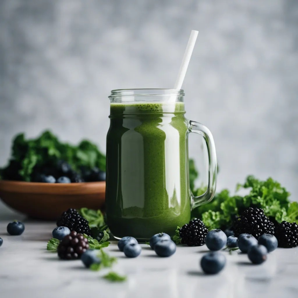 A vibrant kale blueberry kefir smoothie in a tall glass, garnished with kale leaves and a wooden fruit bowl