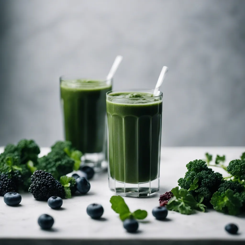 2 cups of kale blueberry kefir smoothie in a tall glass, on a white table with a gray background