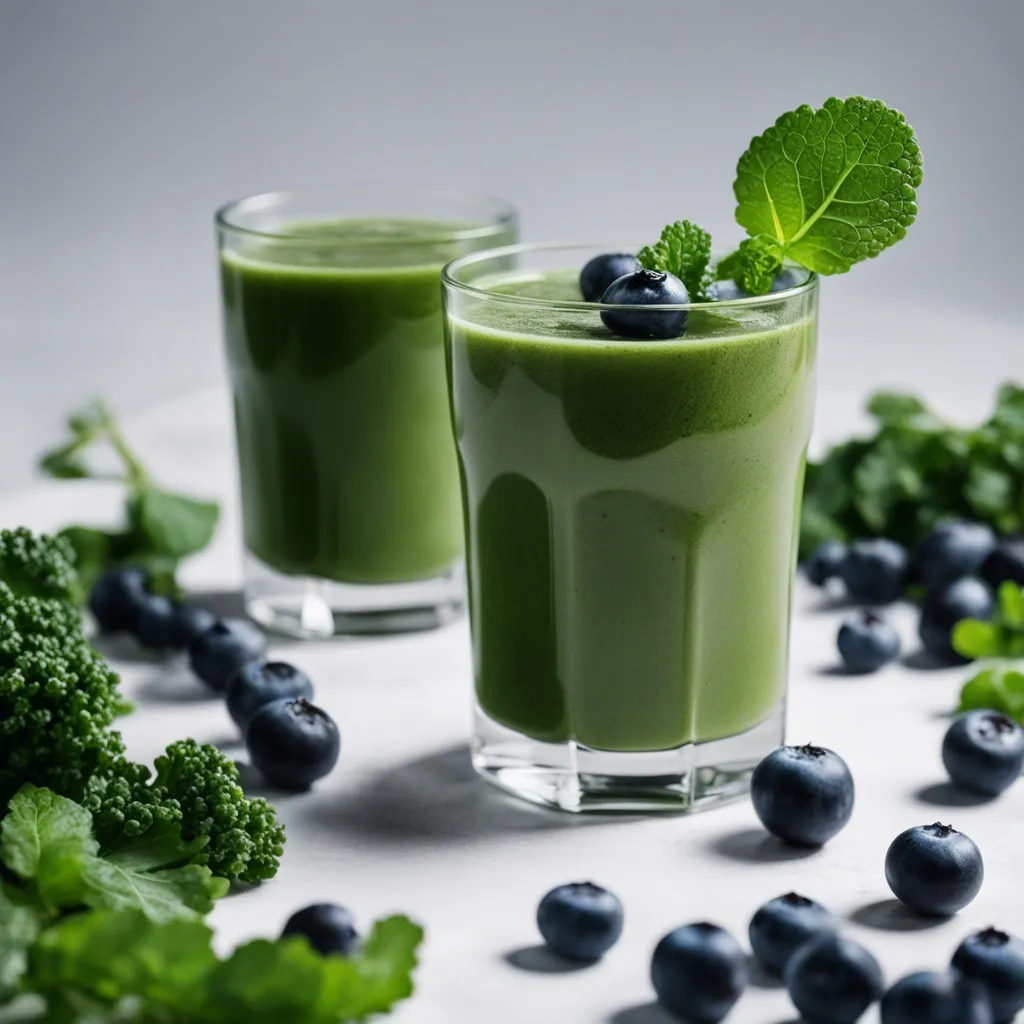 two cups kale blueberry kefir smoothie with blueberries and kale scattered around and mint for garnish