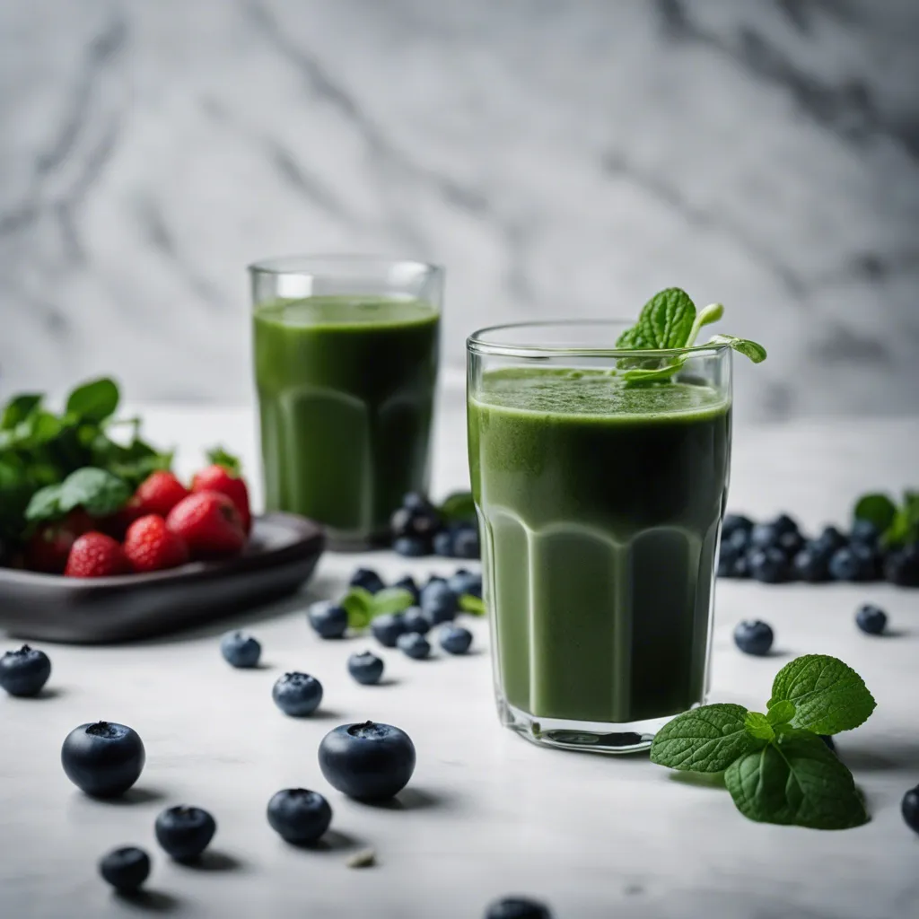 two cups kale blueberry kefir smoothie with blueberries and kale scattered around and red berries