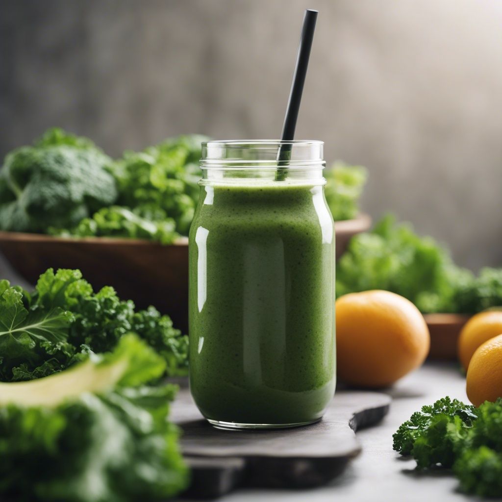 A mason jar filled with a green kale smoothie with a black straw, surrounded by fresh kale leaves and citrus fruits on a wooden surface.