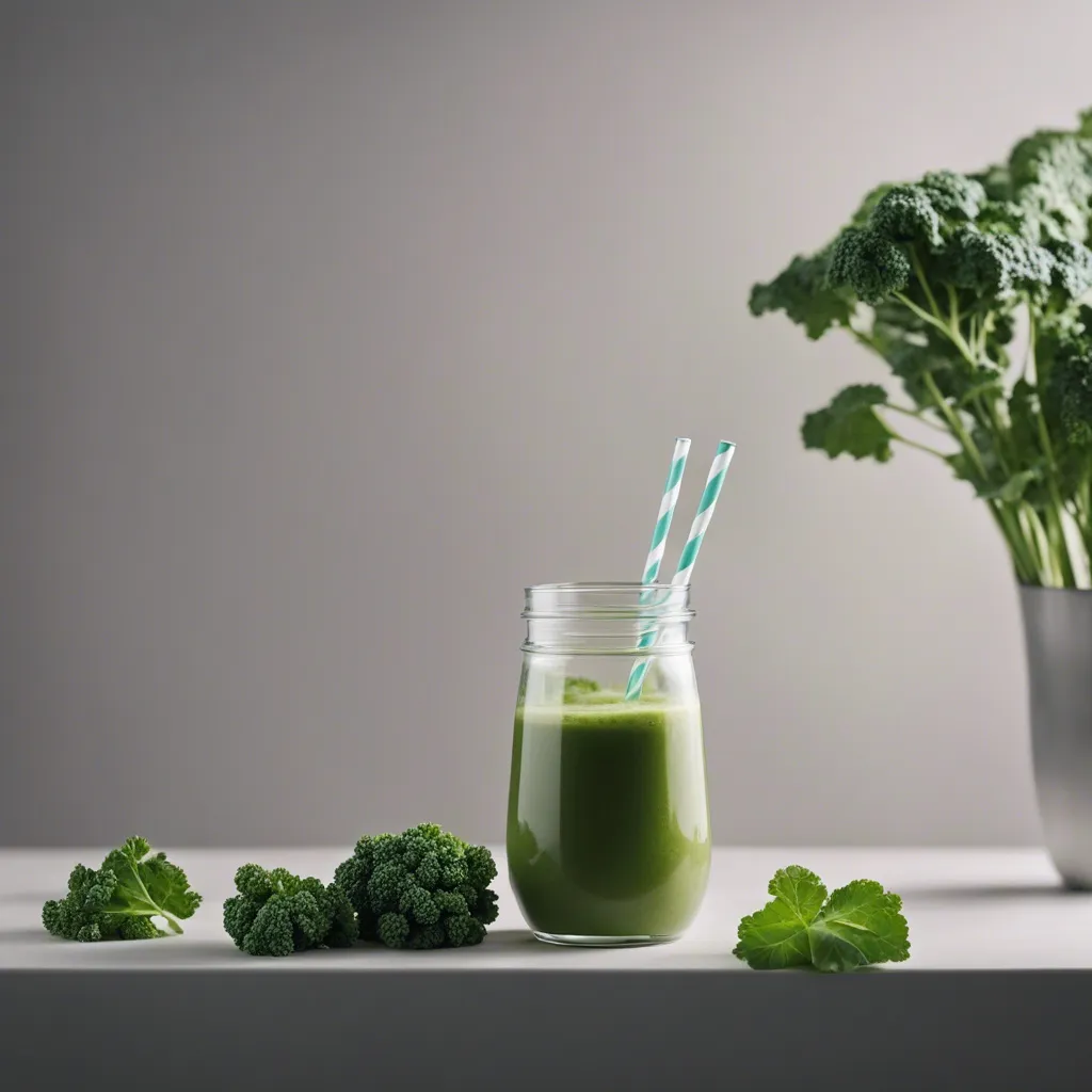 A mason jar with a green kale smoothie with two striped straws, next to fresh kale bunches on a white shelf with a metallic vase of kale in the background.