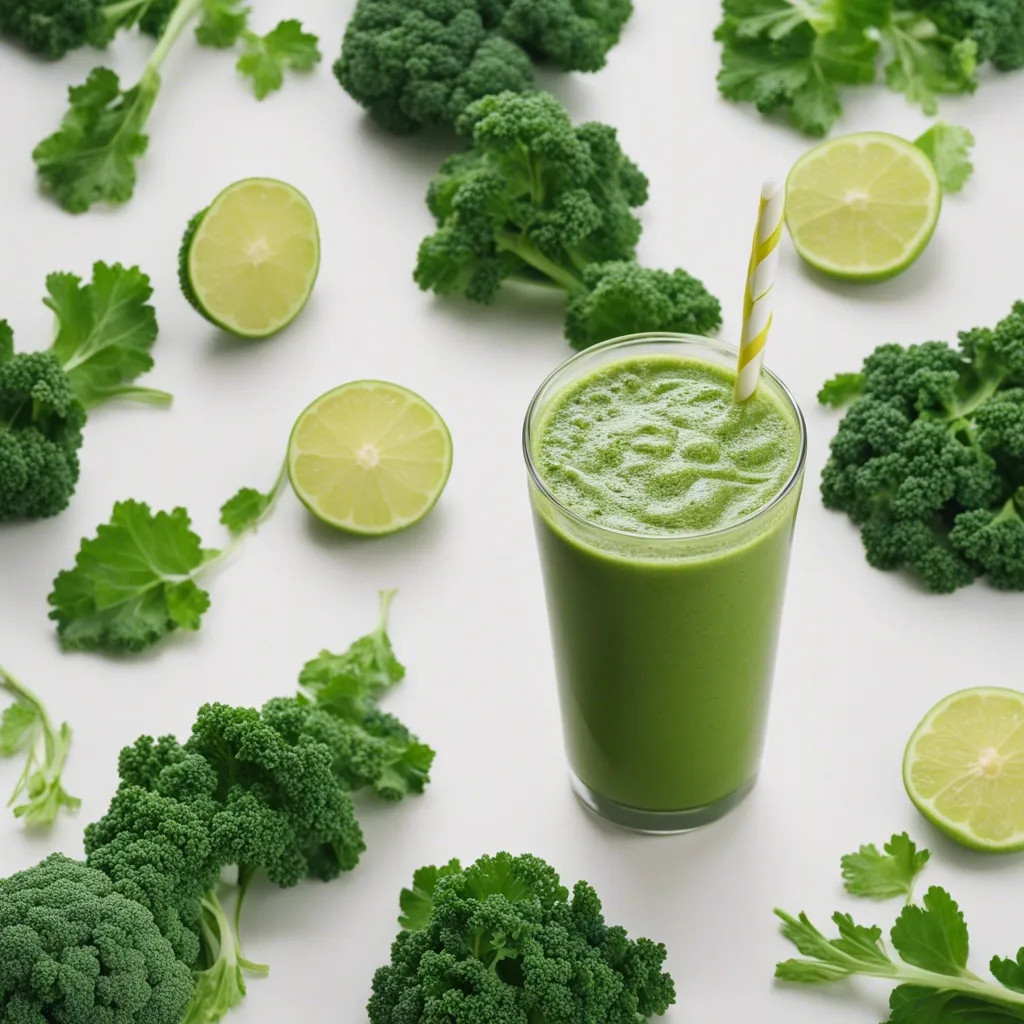 A tall glass of green kale smoothie with a yellow striped straw, surrounded by lime slices, kale leaves, and parsley on a white surface.