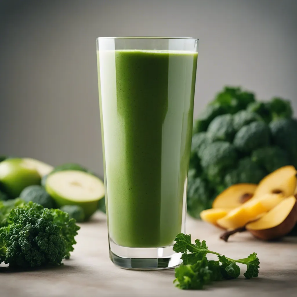 A tall glass of green kale smoothie against a blurred background with fresh kale, banana slices, and parsley in the foreground.