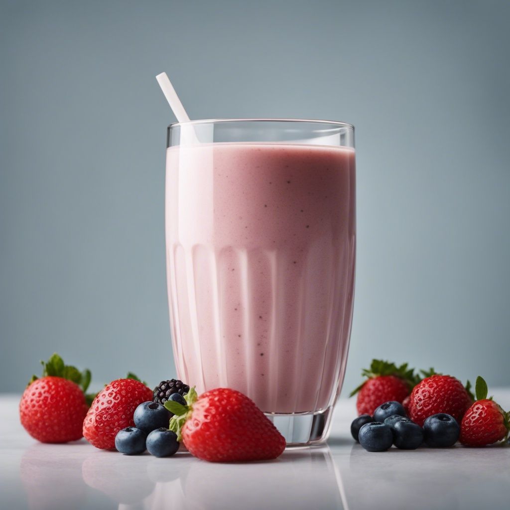 A smooth and creamy kefir smoothie in a tall glass, with a white straw surrounded by fresh strawberries and blueberries on a reflective surface with a muted background.
