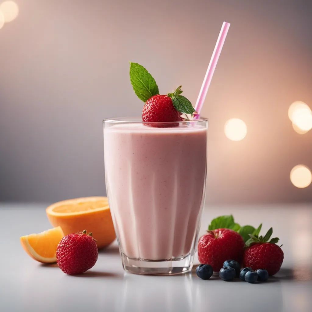 Berry kefir smoothie served in a glass, topped with a fresh strawberry and mint leaf, with a pink straw. Oranges and assorted berries add a pop of color in the foreground against a warm, bokeh-lit background.