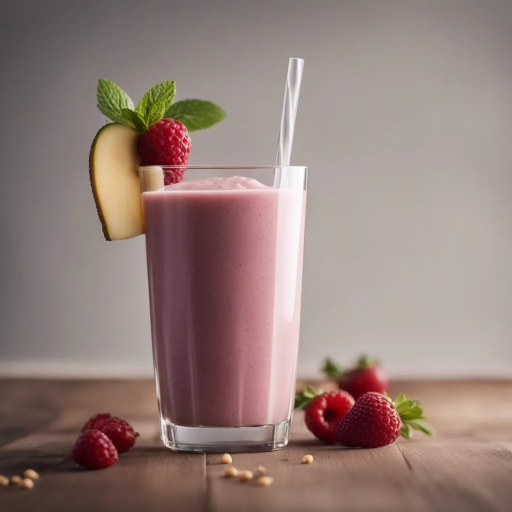 Delicious kefir smoothie with a soft pink hue, in a tall glass, garnished with a slice of apple, a raspberry, and a sprig of mint. Scattered raspberries and pine nuts on a wooden table complete the rustic setting.