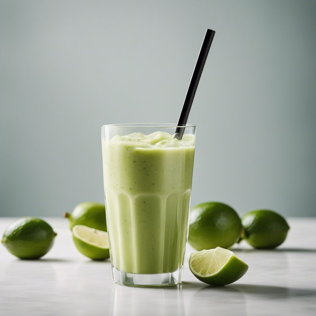 A creamy key lime smoothie in a clear glass with a black straw, surrounded by fresh limes on a light surface, offering a refreshing and tangy flavor profile.