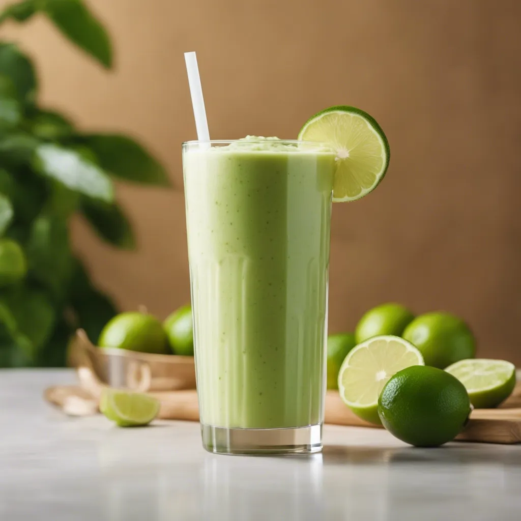 A refreshing key lime smoothie in a tall glass with a white straw, garnished with a lime slice, with whole limes and a wooden juicer in the background, set on a warm, earthy toned surface.