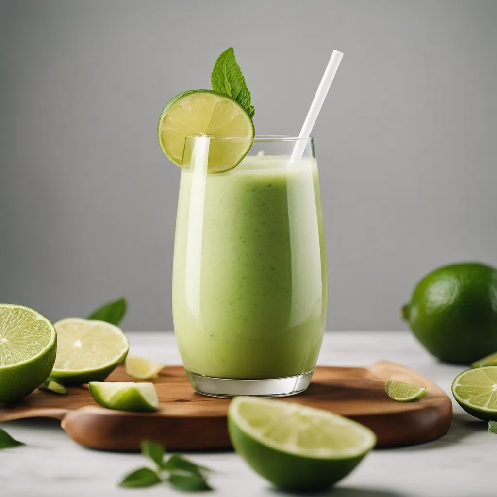 A zesty key lime smoothie in a clear glass, topped with a lime slice and mint leaf, with a white straw, accompanied by cut limes on a wooden board, conveying a fresh homemade appeal.