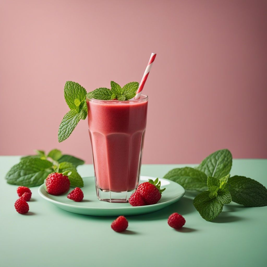 A vibrant kombucha smoothie in a glass, topped with mint for garnish