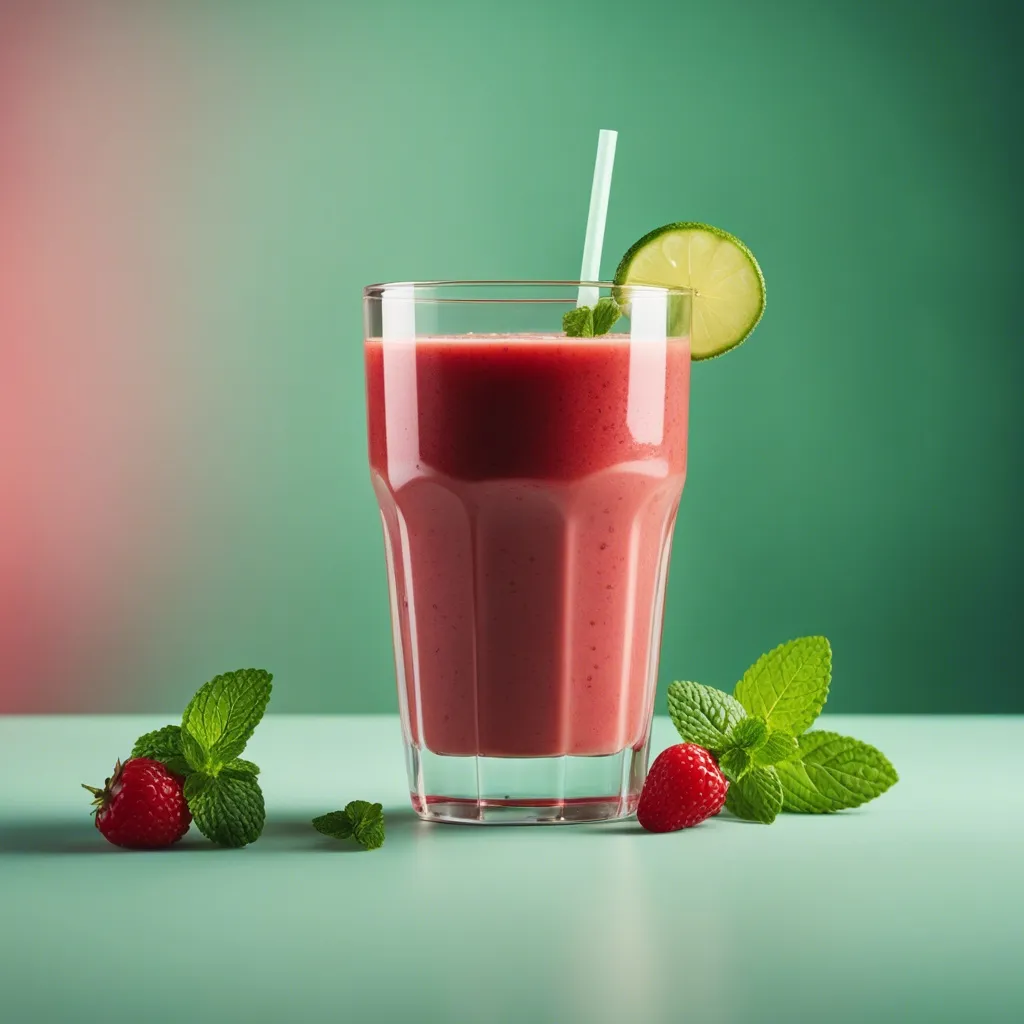 A kombuca smoothie in a glass garnished with mint and lime