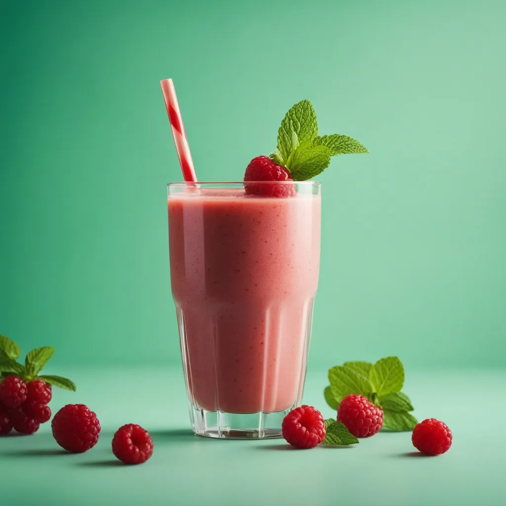 A kombuca smoothie in a glass garnished with mint and raspberries