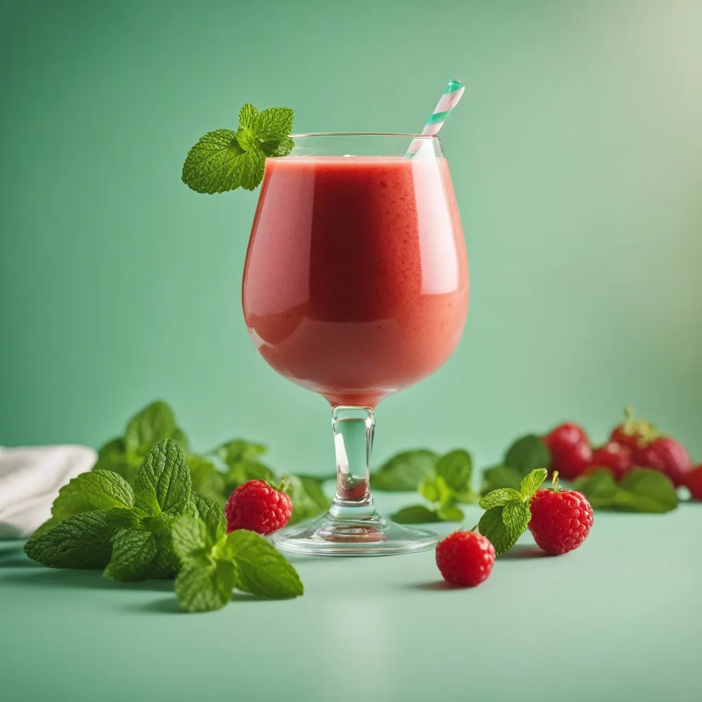 kombucha smoothie into a wide glass with a green straw and mint for garnish