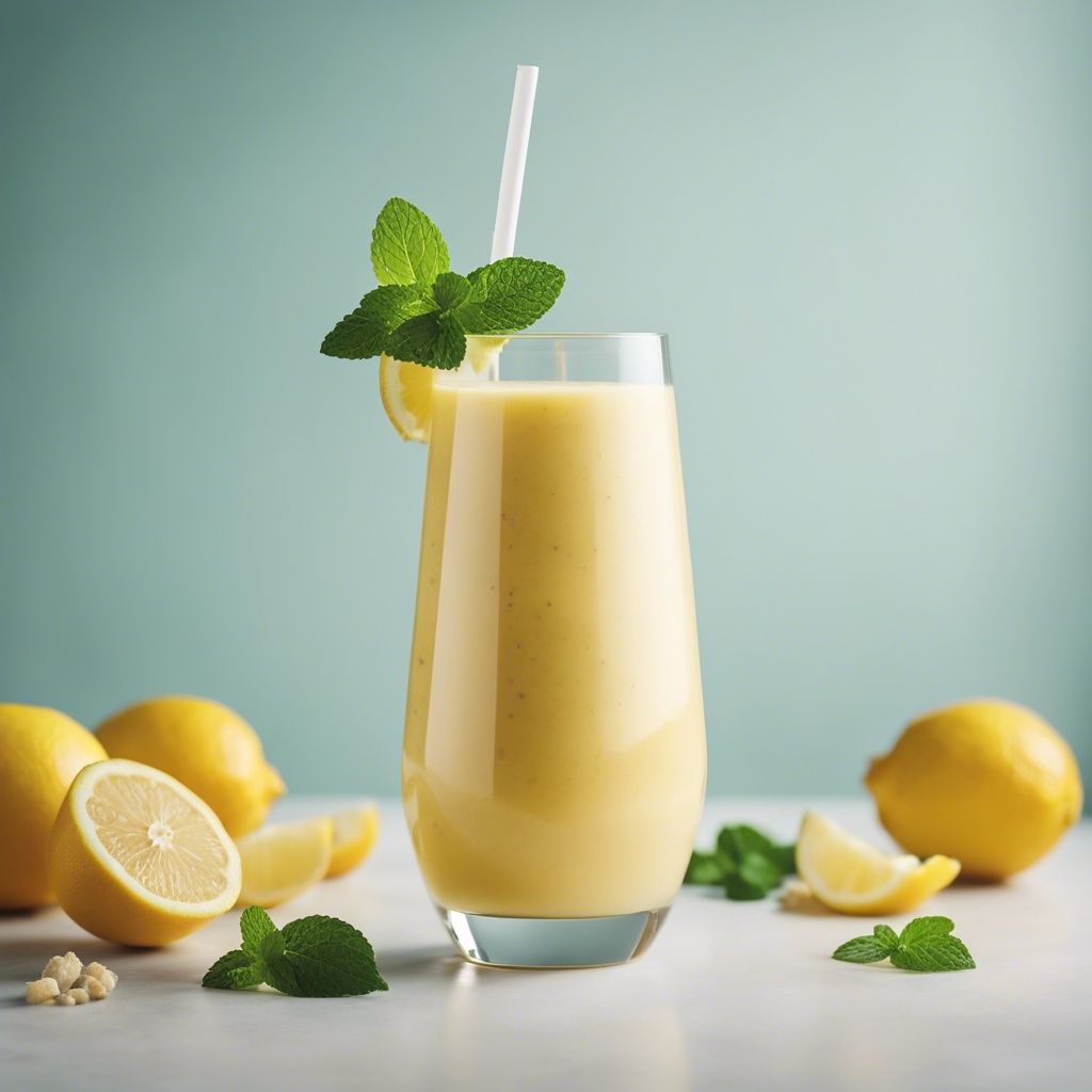 A tall glass of lemon ginger smoothie garnished with mint and a lemon twist, with whole lemons and mint leaves on the side on a light background.