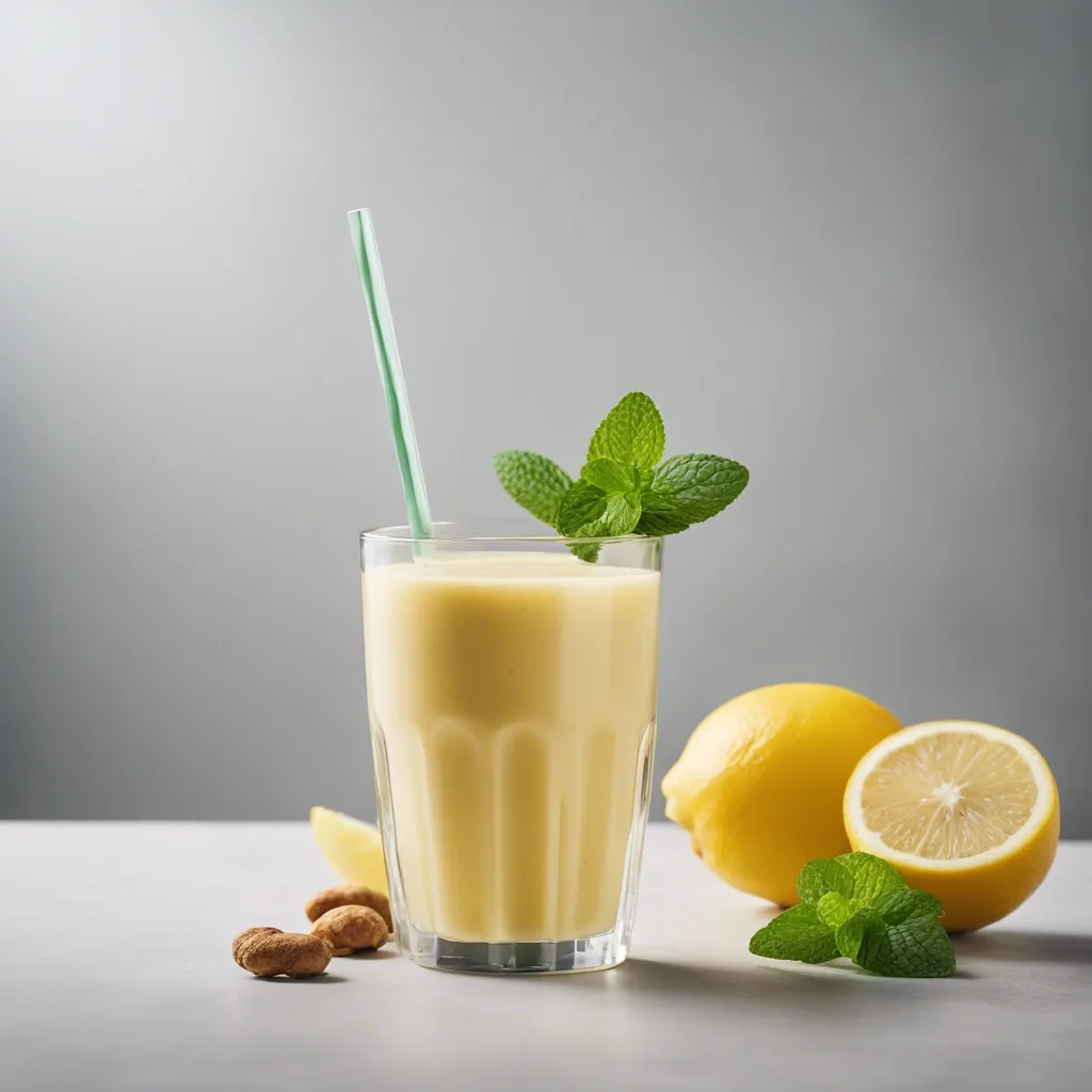 A glass of lemon ginger smoothie with a green straw and mint garnish, accompanied by whole lemons and peanuts on a light table surface.