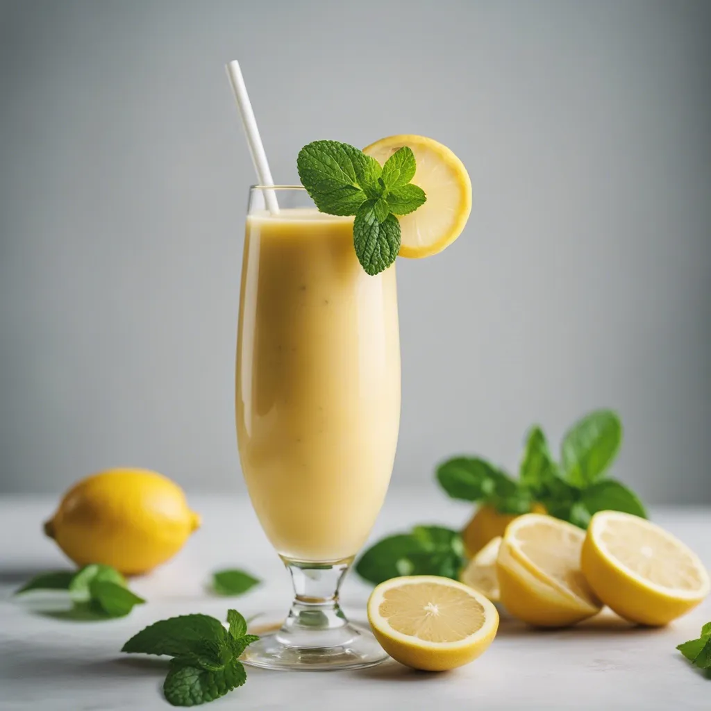 A tall stemmed glass of lemon ginger smoothie topped with a lemon slice and mint leaves, surrounded by halved lemons on a light surface.