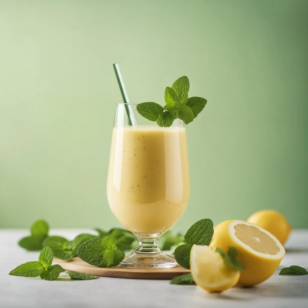 A lemon ginger smoothie in a glass garnished with mint, with whole lemons and mint leaves around, set on a wooden surface with a green backdrop.