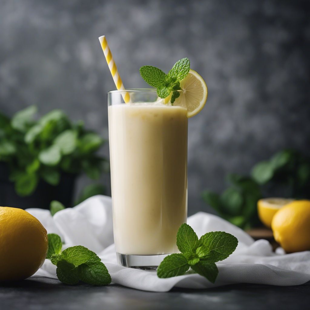 A delicious, citruy lemonade smoothie garnished with a lemon slice and fresh mint leaves and a yellow and white straw in the glass. Around the smoothie are some mint leaves and whole lemons, as well as mint leaves in a vase.