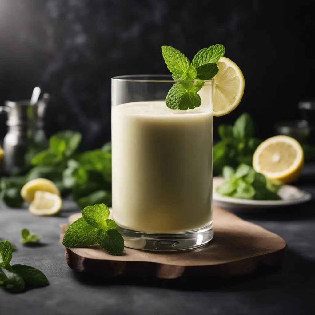 A lemonade smoothie garnished with a lemon slice and fresh mint leaves, stood on a wooden board with lemons and mint leaves around the glass.