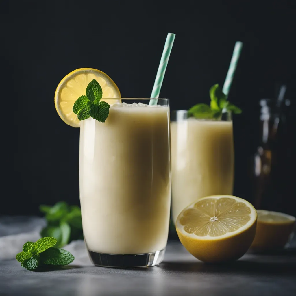 Two glasses of lemonade smoothies garnished with a lemon slice and fresh mint leaves with hald a lemon and mint leaves around the glass.  Both glasses have two green and white straws.