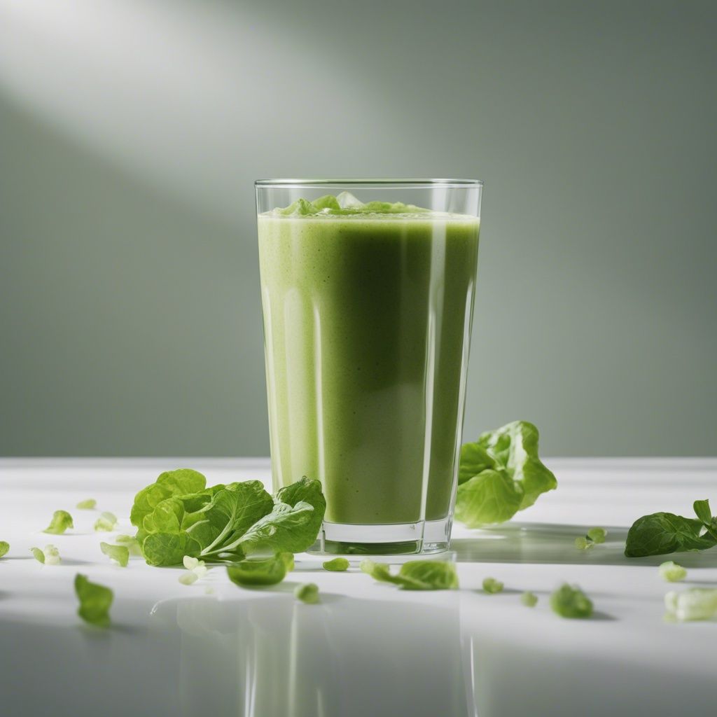 A vibrant Lettuce Smoothie in a clear glass, filled to the brim. The smoothie has a smooth, frothy texture and is surrounded by fresh green lettuce leaves on a white glossy surface, with a soft grey background that enhances the freshness of the green color.
