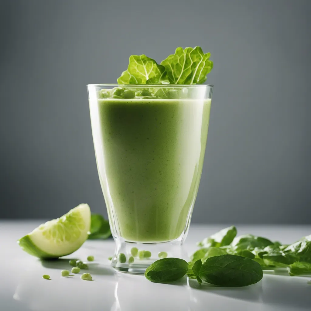 A Lettuce Smoothie in a tall glass, with a lettuce leaf as a garnish. The smoothie has a rich, creamy texture. A sliced lime wedge, some spinach leaves, and small green peas are artistically arranged on a white surface, with a gradient grey background giving it a cool, fresh look.