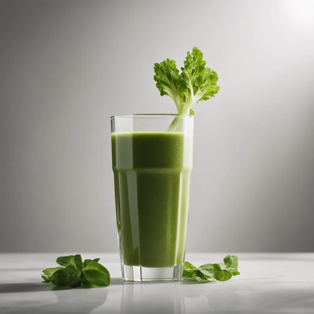 A glass filled with a Lettuce Smoothie topped with a sprig of lettuce. The smoothie appears thick and creamy. A few green lettuce leaves lie on the white reflective surface, with a subtle light grey gradient in the background, suggesting a clean, minimalist setting.