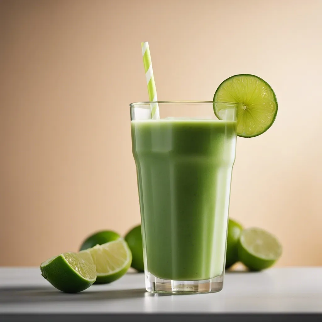 A glass of lime smoothie with a slice of lime on the rim and a striped straw, with halved limes around on a white surface against a peach backdrop.