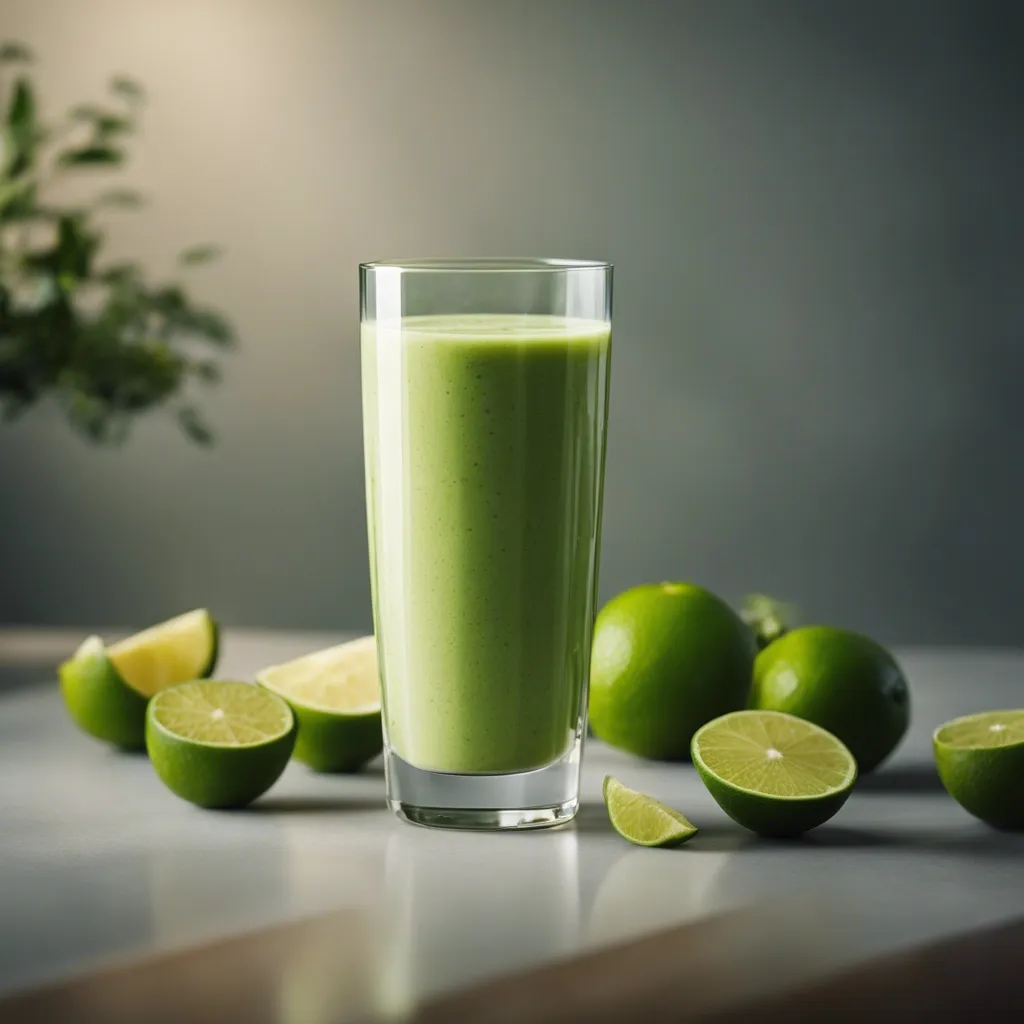 A clear glass full of lime smoothie on a white surface surrounded by whole and sliced limes, with plants in the soft-focus background.