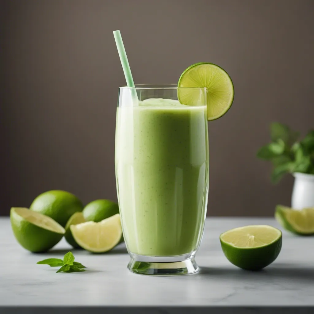 A lime smoothie in a tall glass with a straw and a lime slice garnish, surrounded by whole and halved limes and mint leaves on a marble surface.