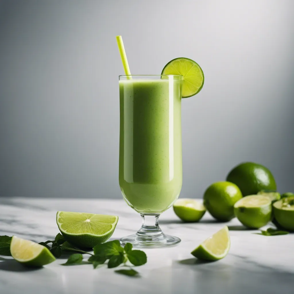 A lime smoothie served in a tall glass with a yellow straw and a lime garnish on the rim, surrounded by fresh limes on a marble countertop.