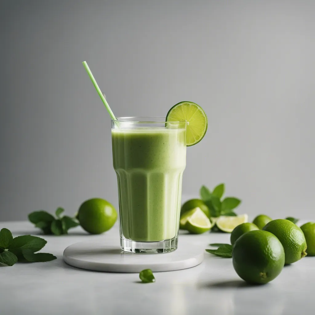 A glass of lime smoothie with a straw, garnished with a lime slice, on a round white coaster surrounded by limes and mint leaves on a white surface.