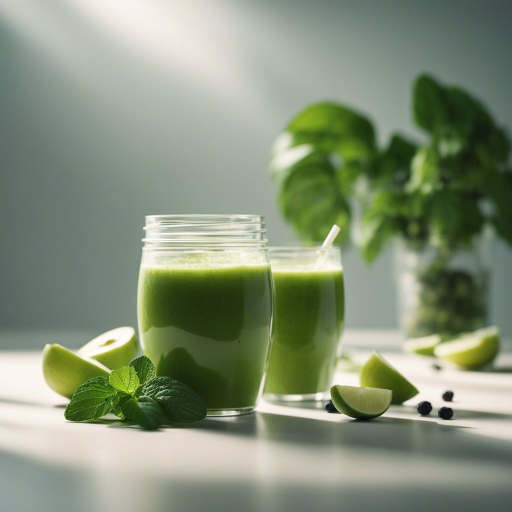 A jar and a glass of low sugar green smoothie with a straw, fresh apple slices, mint leaves, and scattered berries on a light surface with basil plants in the background.