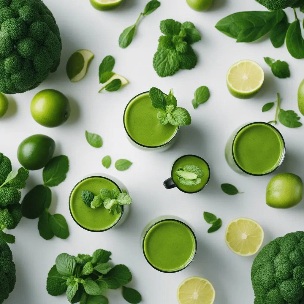 Top view of various cups filled with low sugar green smoothie surrounded by fresh limes, mint leaves, and broccoli on a white background.