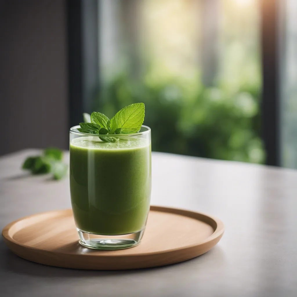 A glass of low sugar green smoothie garnished with a mint leaf on a wooden tray by a sunny window with a blurred greenery background.