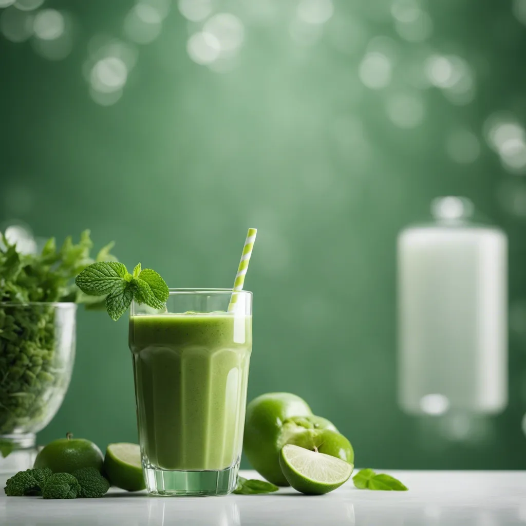 A glass of low sugar green smoothie with a striped straw, garnished with mint, next to fresh limes and greens on a reflective surface with a green bokeh background.