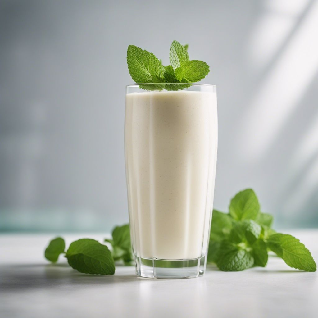 A creamy lychee smoothie in a glass, garnished with mint