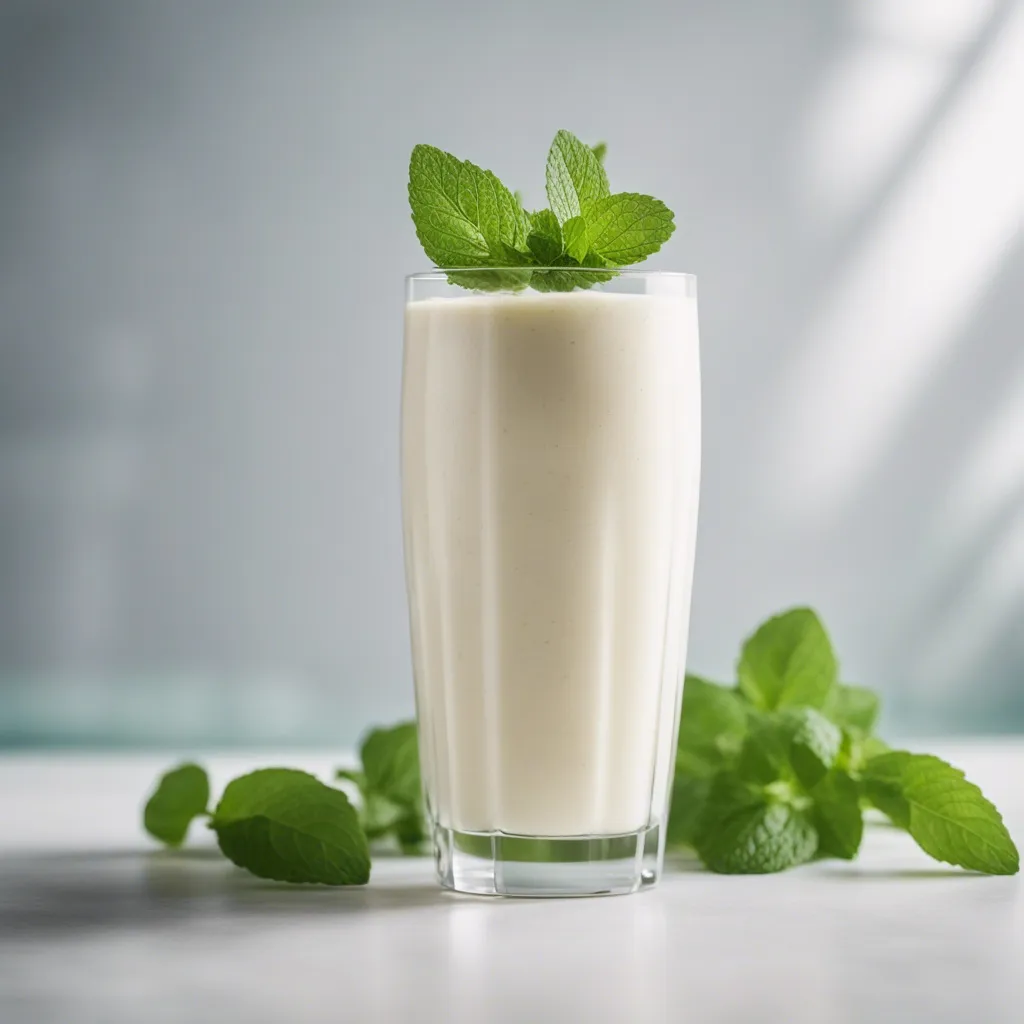 Creamy, refreshing Lychee Smoothies garnished with mint on a simple kitchen counter.