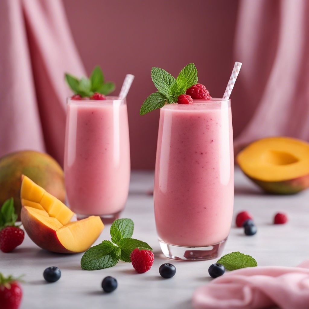 Two glasses of Mango Berry Smoothie with white straws and garnished with mint and fresh berries, There are mangoes, berries and other fruits around the glasses.