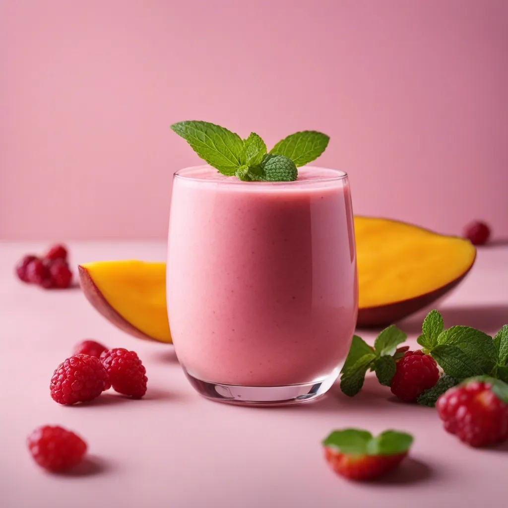 A glass of Mango Berry Smoothie garnished with mint. There is sliced mango behind the glass and fresh berries in the foreground of the photo.