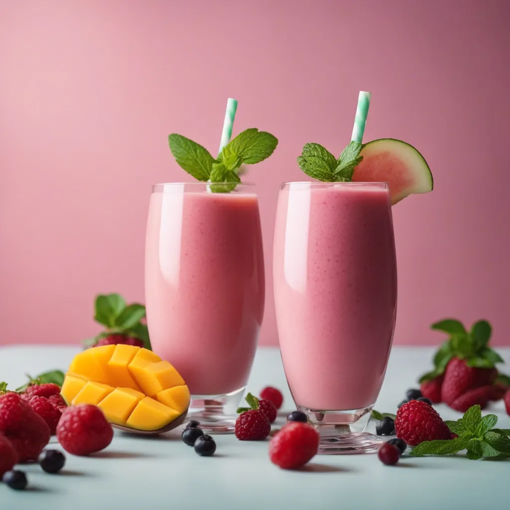 Two glasses of Mango Berry Smoothie garnished with mint and surrounded by fresh berries, diced mango and mint leaves.